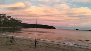 Una playa con cañas de pescar y un mar tranquilo bajo un cielo nublado.