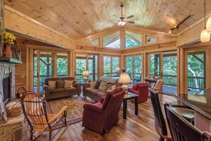 TV connectée, cheminée, livres