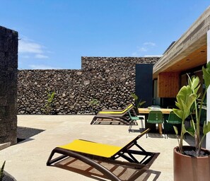 Un espace patio aménagé avec des fauteuils, une table et des plantes en pot.