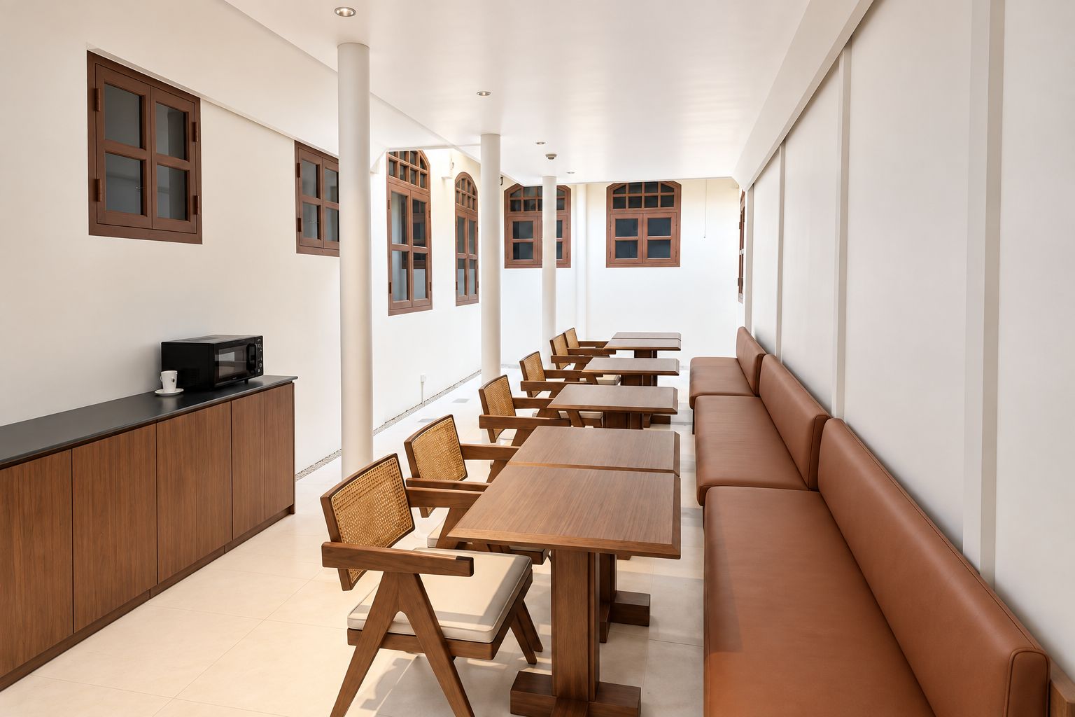 A long dining area with wooden tables and chairs, a counter with a microwave, and a bench along the wall.