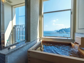 LaVista Twin Room with Open Air Hot Spring Bath - East Tower, Non-smoking | Bathroom | Hair dryer, slippers, towels, soap - La Vista Atami Terrace (Atami)