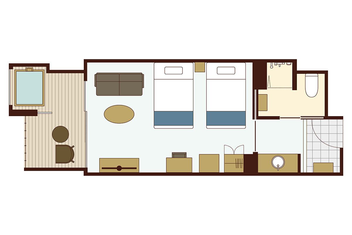Distribución de una habitación de hotel con cama, dos mesitas de noche, escritorio, silla, sofá, una mesita pequeña, televisor, baño con inodoro y lavamanos, y zona de ducha.