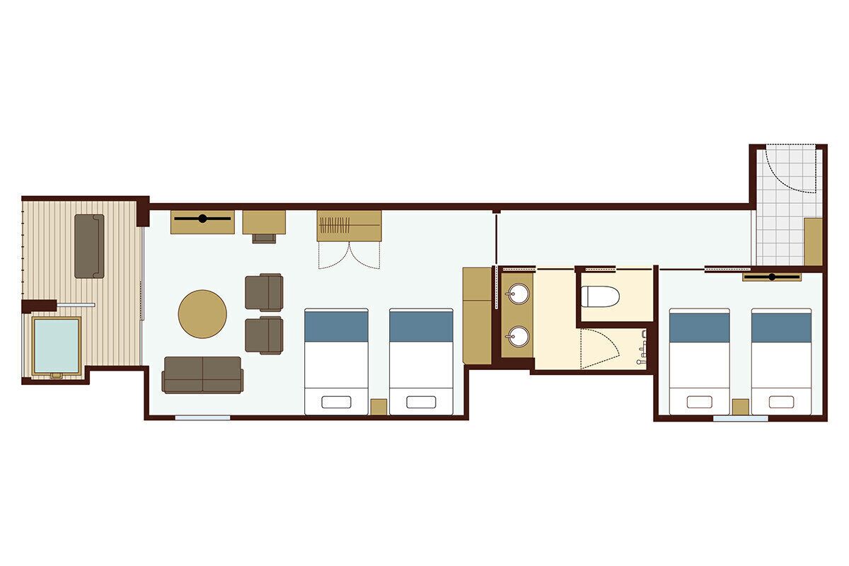Distribución de un hotel con sala de estar, dos dormitorios, un baño y cocina.