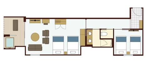 Distribución de un hotel con sala de estar, dos dormitorios, un baño y cocina.