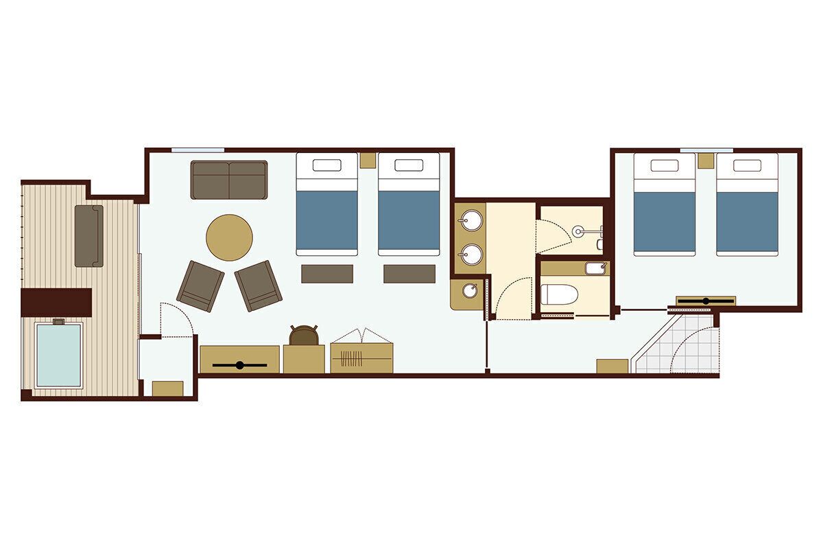 A floor plan of a hotel room with a pool, a sitting area with a circular table, two bedrooms, a bathroom, and a kitchenette.