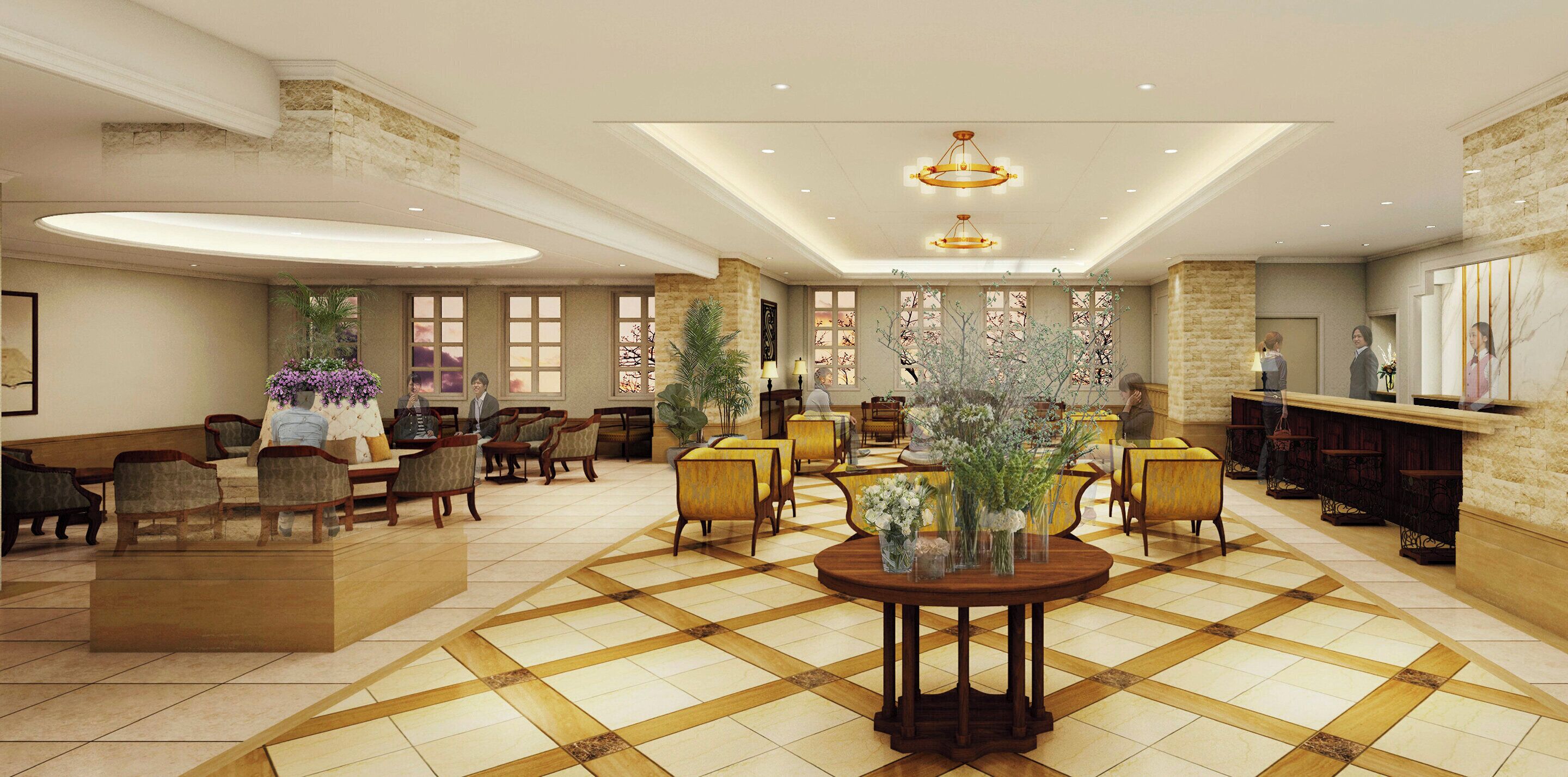 Um hall amplo com piso xadrez, diversas áreas de estar e uma mesa central com arranjos florais.
