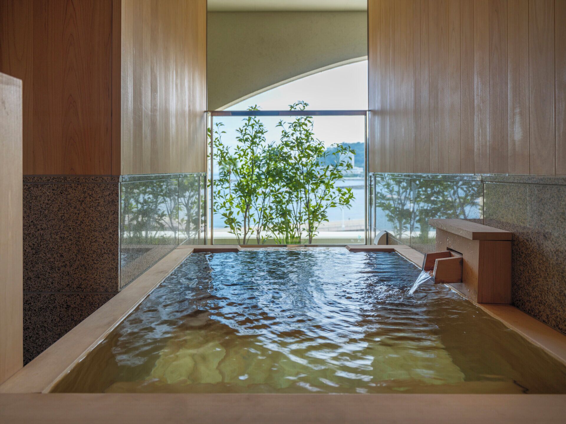 A spa area with a hot tub, wooden walls, and a view of a tree and water body.