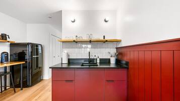 Fridge, microwave, coffee/tea maker, electric kettle