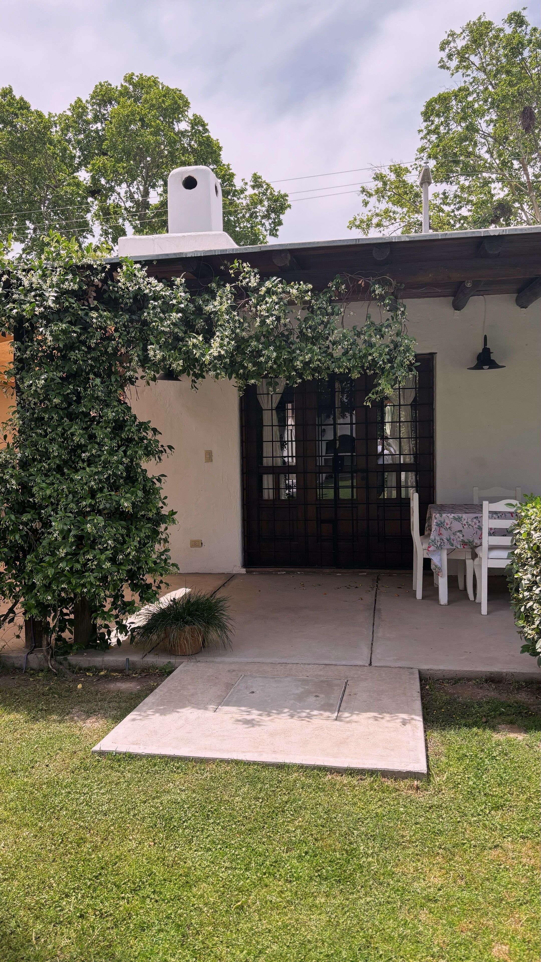 A patio area with a white table and chairs, a black gate, and a small tree.