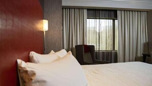 A hotel room with a large bed, a chair, a lamp, and a window with curtains. - King Room at a  Hotel (Elizabeth)