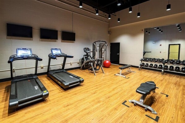 A gym with treadmills, a weight bench, a squat rack, and a red exercise ball.