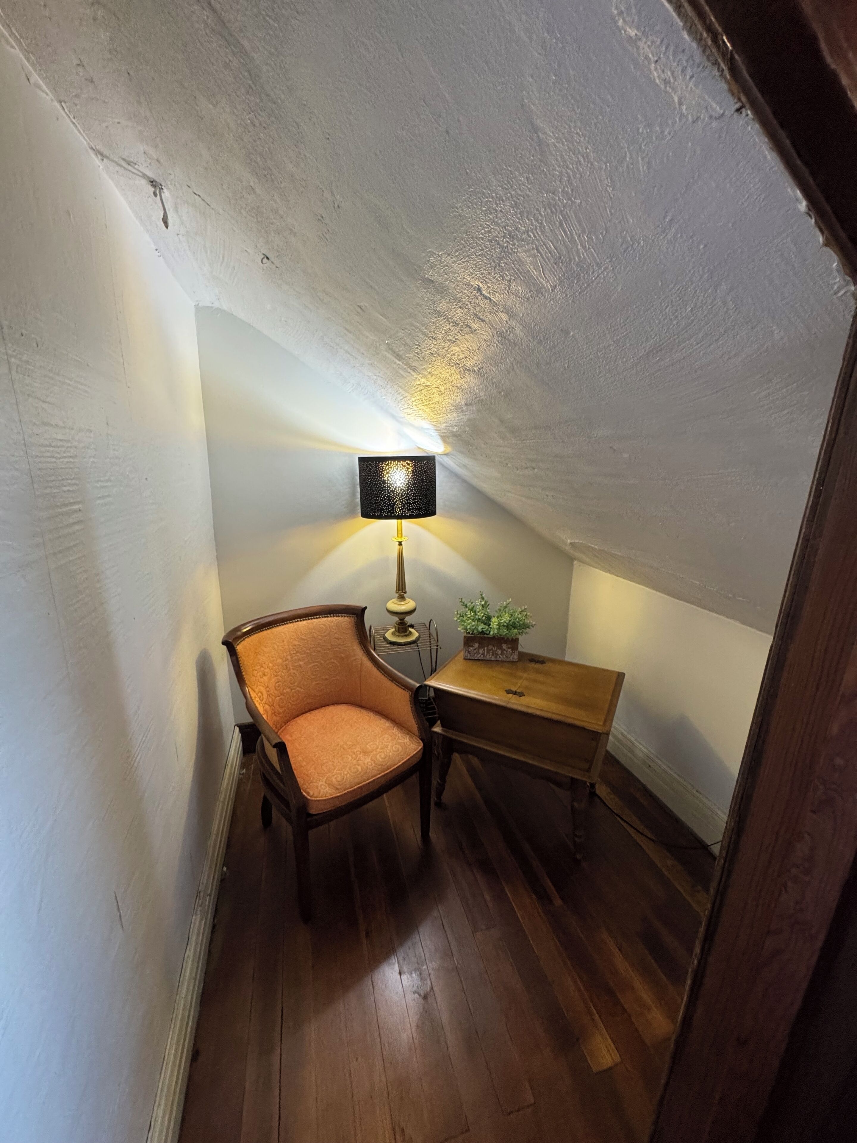 Habitació petita i poc il·luminada, amb terra de fusta, una cadira, una taula petita amb una planta i una làmpada.