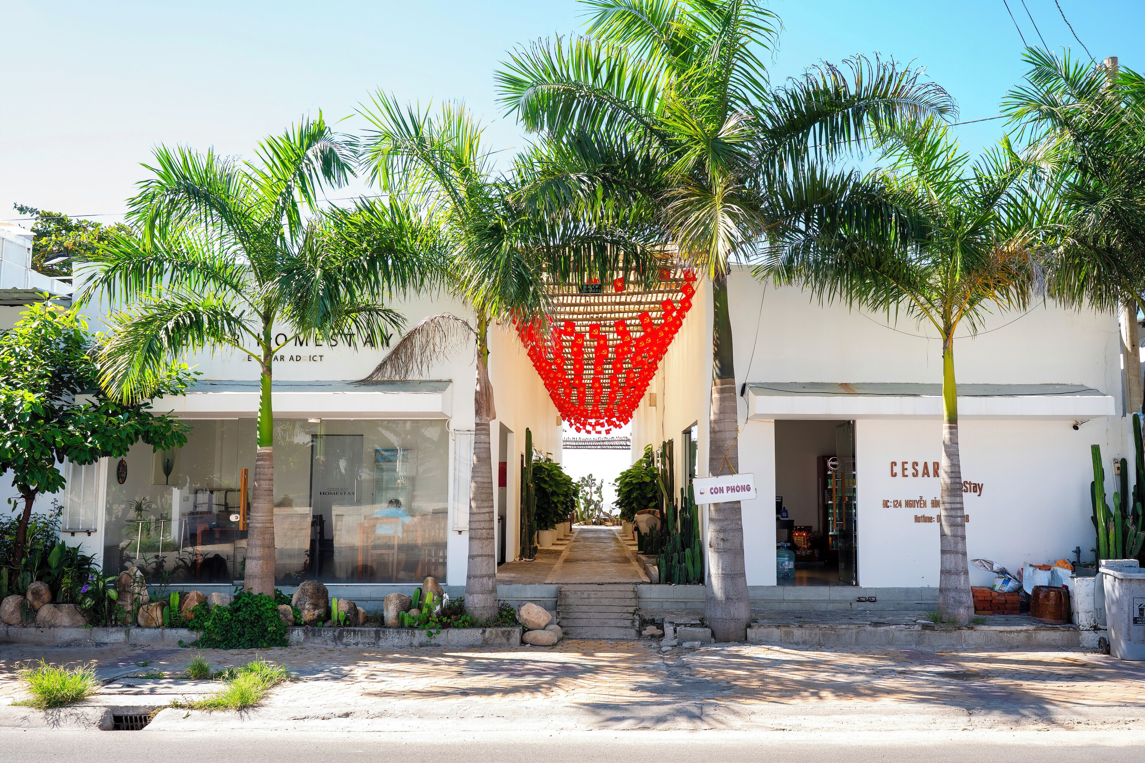 A hotel entrance with palm trees, a red decorative arch, and a sign indicating 'César Stay'.