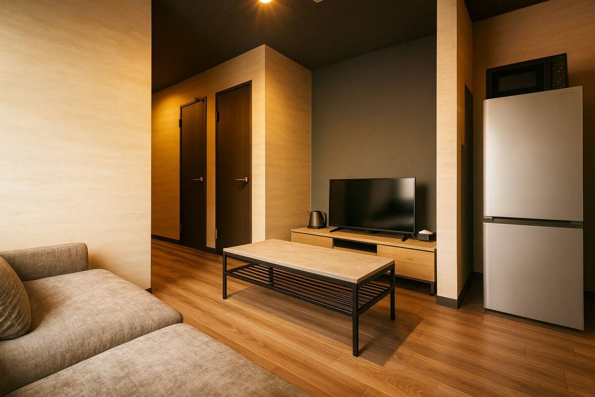 A modern living room with a sofa, a coffee table, a TV, and a refrigerator.