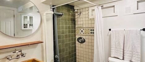 A bathroom with a shower, toilet, sink, and a mirror.