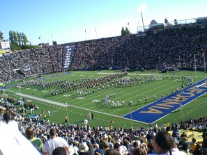 A football stadium with a large crowd, a marching band, and a blue field. - EV 755 Ski in/out 7th Floor 1 BR Fireplace Ste, fitness rm, in Olympic Valley (Olympic Valley)