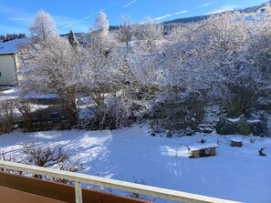 A snow-covered garden with trees and a bench. - Light-flooded vacation apartment Felix - your Allgäu dream in a quiet idyll (Weitnau)
