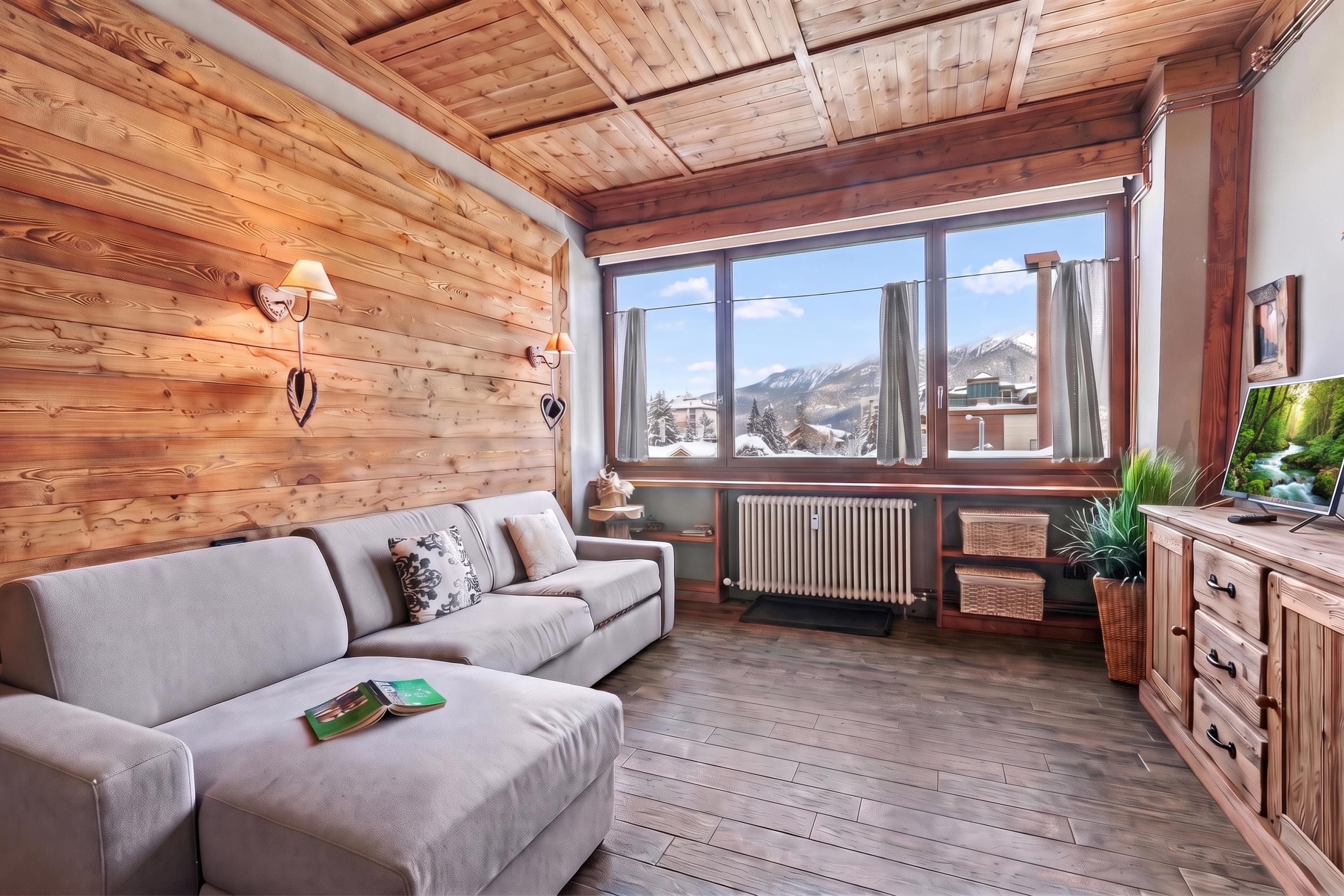 Una stanza accogliente con soffitto in legno, un divano, una finestra vista montagne innevate e un termosifone.