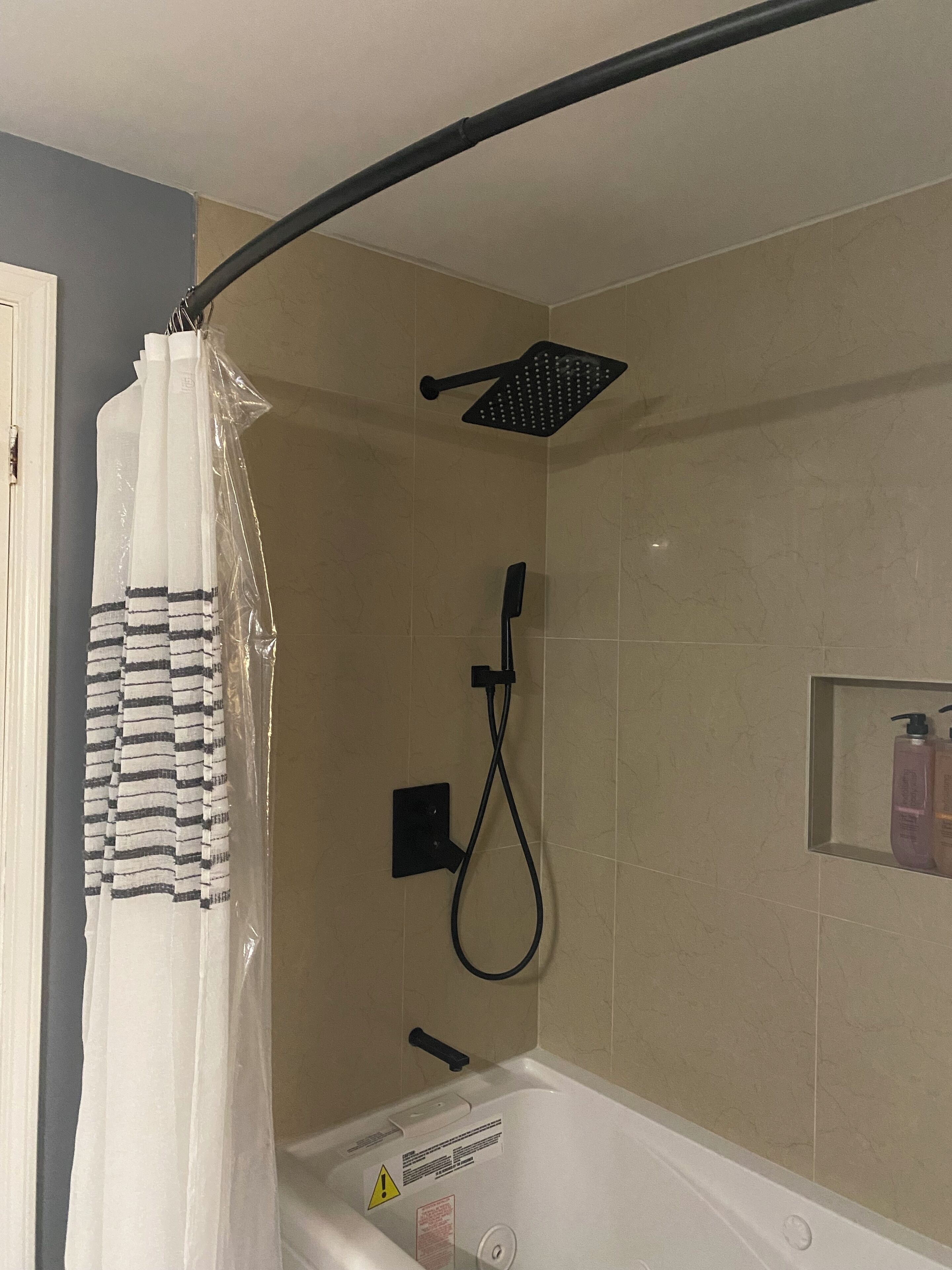 Jetted tub, hair dryer, towels, soap