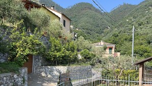A rural hillside property with stone walls, a paved road, and a metal fence.