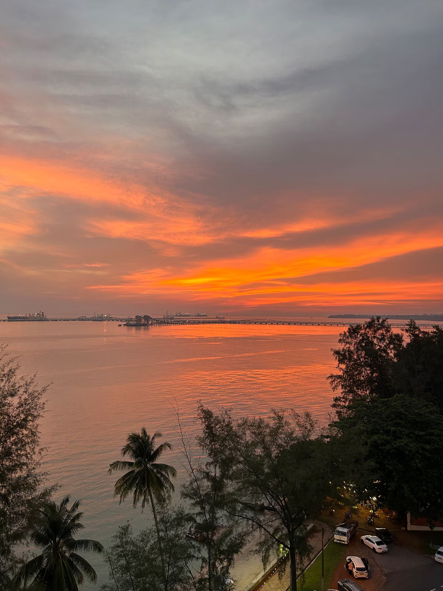 Un coucher de soleil sur une étendue d’eau, avec un pont au loin, des palmiers au premier plan et une route bordée de voitures garées.