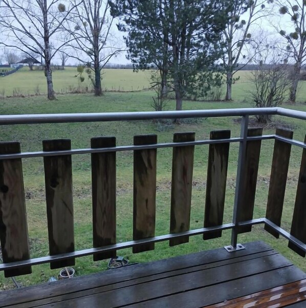 A wooden deck with a metal railing overlooking a grassy field with trees.