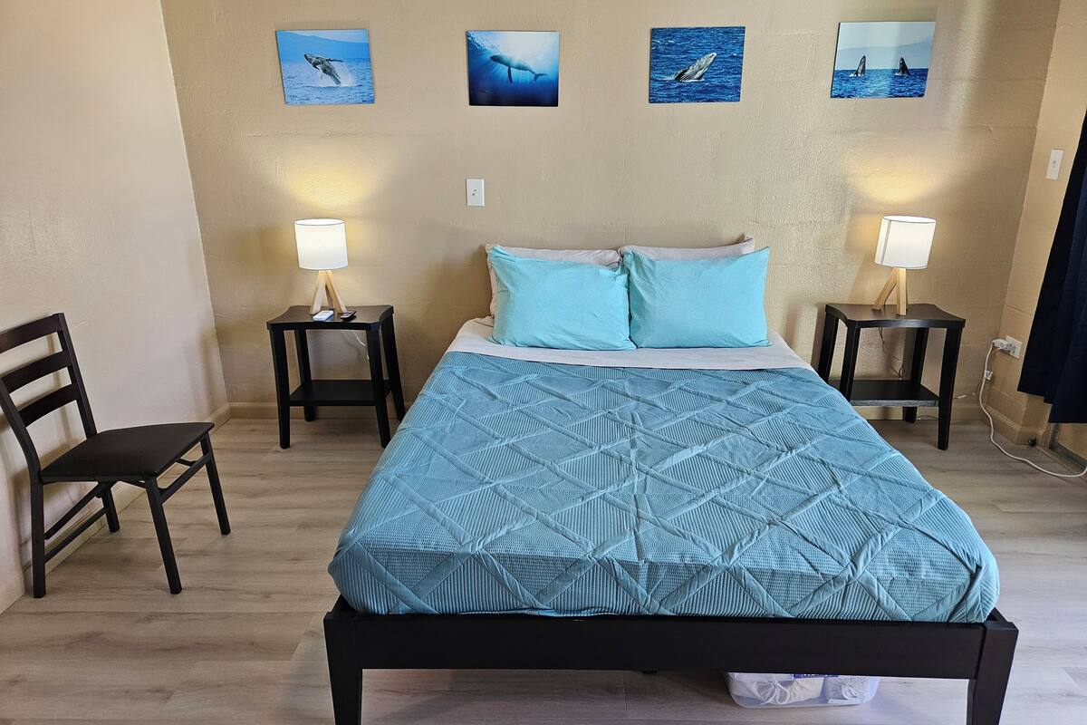 Quarto com cama, duas mesas de cabeceira, uma cadeira e três quadros de baleias fixados na parede.