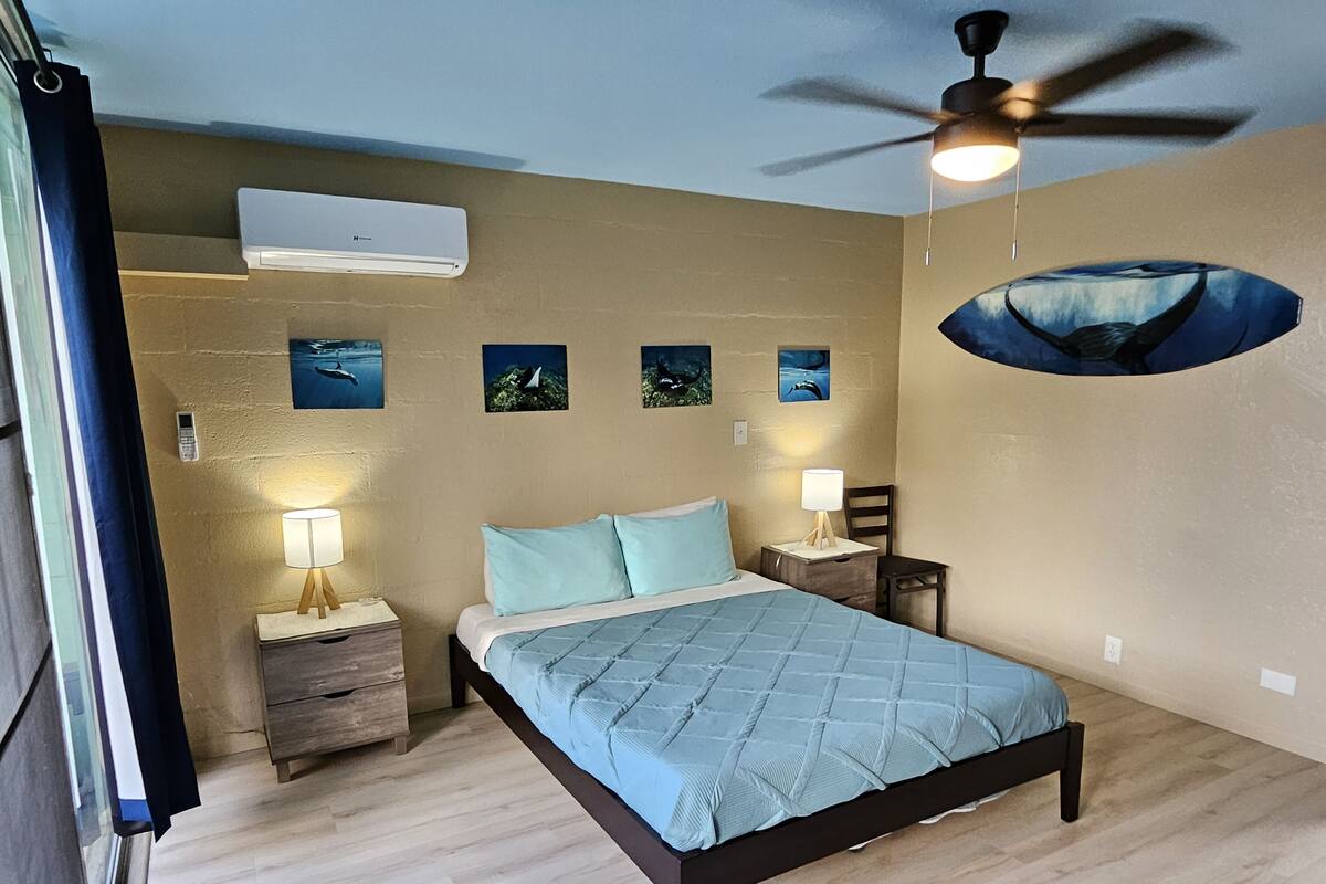 Quarto com cama, mesas de cabeceira, ventilador de teto, ar-condicionado fixado na parede e quadros emoldurados.