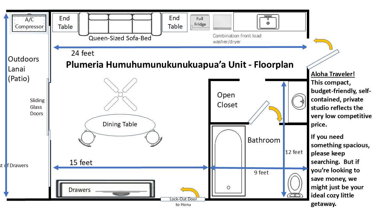 Plano de planta de un estudio privado y económico, con todo lo necesario, que incluye una cama sofá tamaño queen, mesa de comedor, puertas de vidrio correderas y una kitchenette.