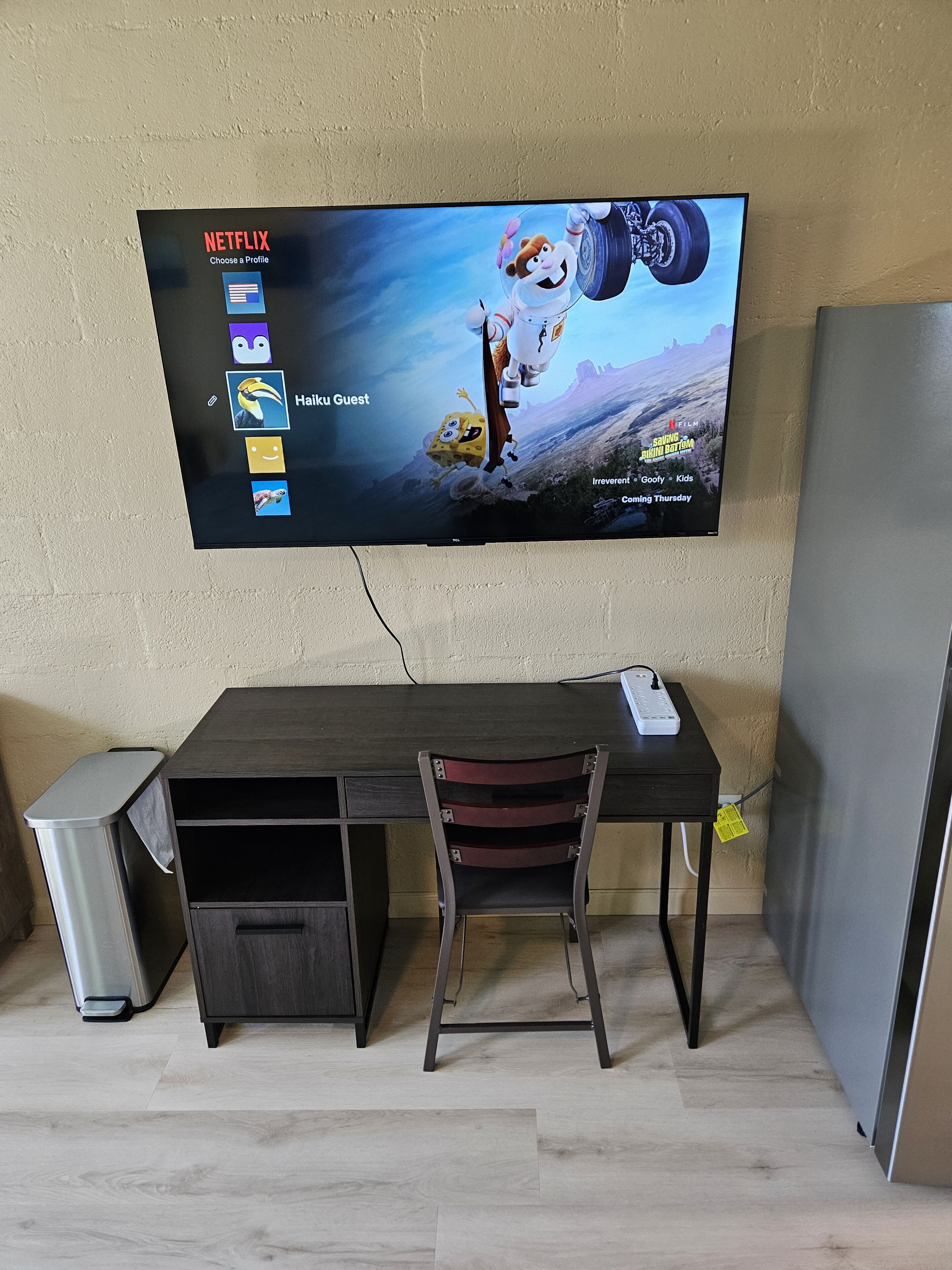A flat-screen TV mounted on a wall displaying a Netflix profile with 'Haku Guest' and 'Saving Bikini Bottom' options.