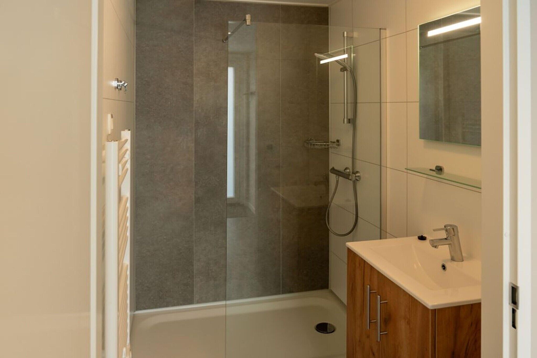 A modern bathroom with a glass-enclosed shower, a wooden vanity with a sink, and a mirror above the vanity.