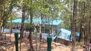 A shaded outdoor area with trees, a chain-link fence, and a blue-roofed building in the background. - Kafal Resort (Kosiyakutoli)