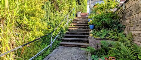 A stone staircase leading up to a white building with a curved roof, surrounded by lush greenery and ferns.