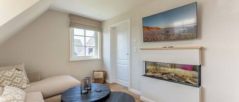 Télévision, cheminée, chaîne hi-fi