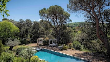 Seasonal outdoor pool, pool umbrellas, pool loungers