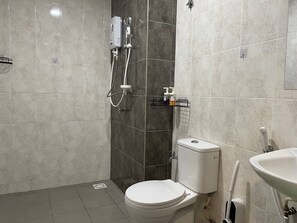 Hair dryer, bidet, towels, soap