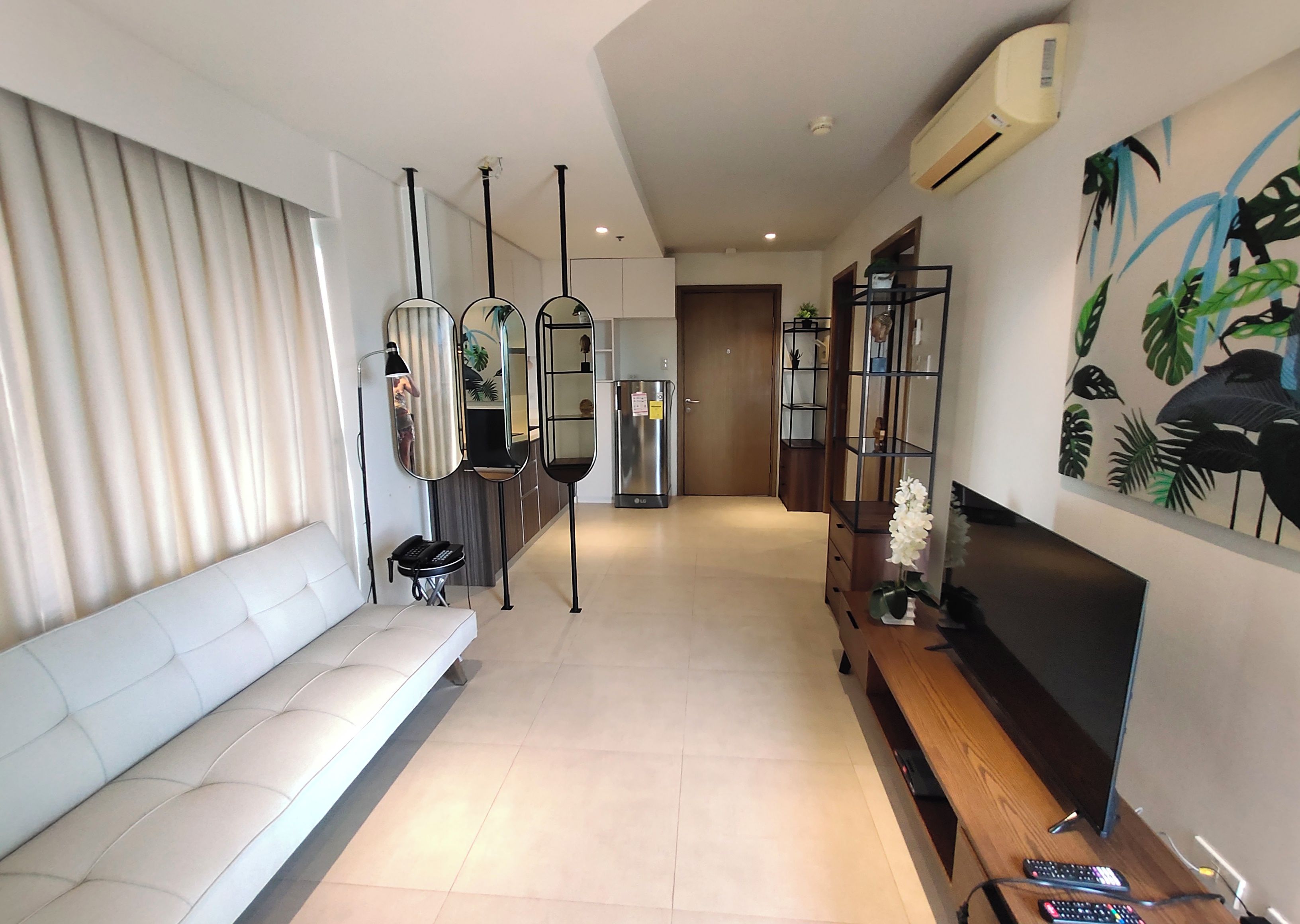 A modern living room with a sofa, a TV, and a decorative plant.