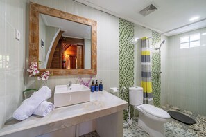 Hair dryer, bidet, towels, soap