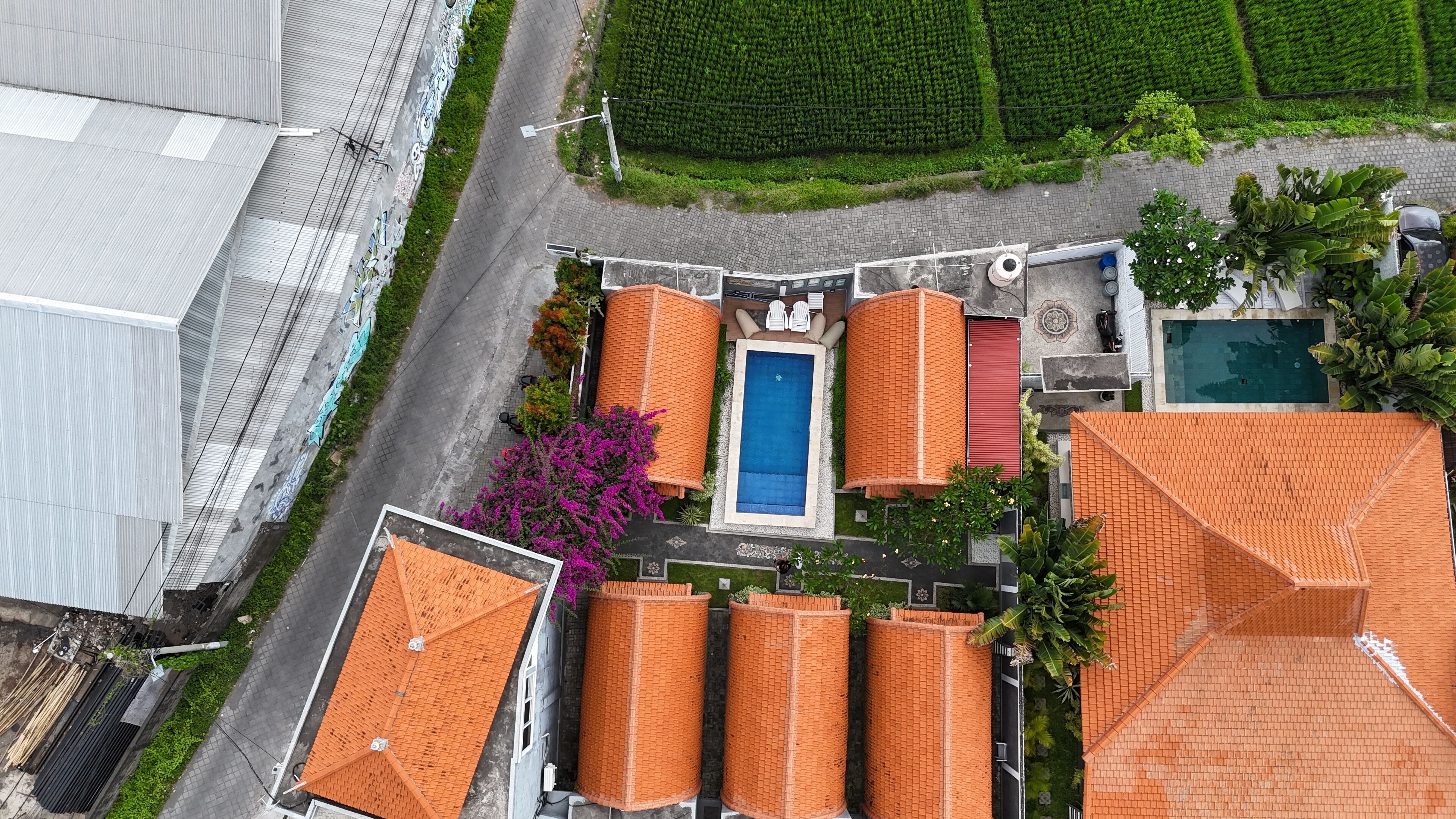 Un quartier résidentiel composé de plusieurs bâtiments aux toits orange, d’une piscine et d’un jardin agrémenté d’un arbre à fleurs violettes.