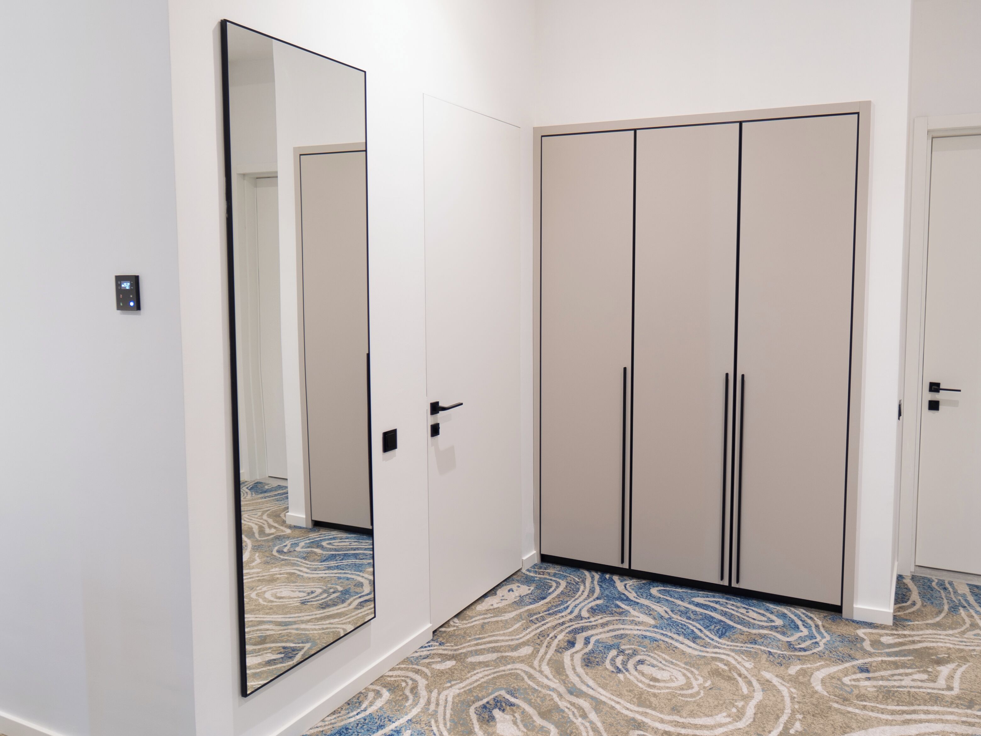 A hallway with a large mirror, a wardrobe with two doors, and a patterned carpet.