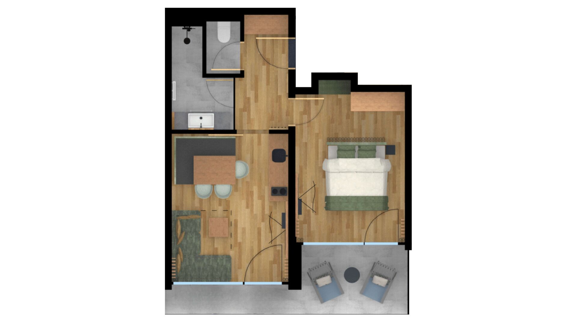 Un appartement comprenant deux chambres, une cuisine, une salle de bain et un espace de vie.