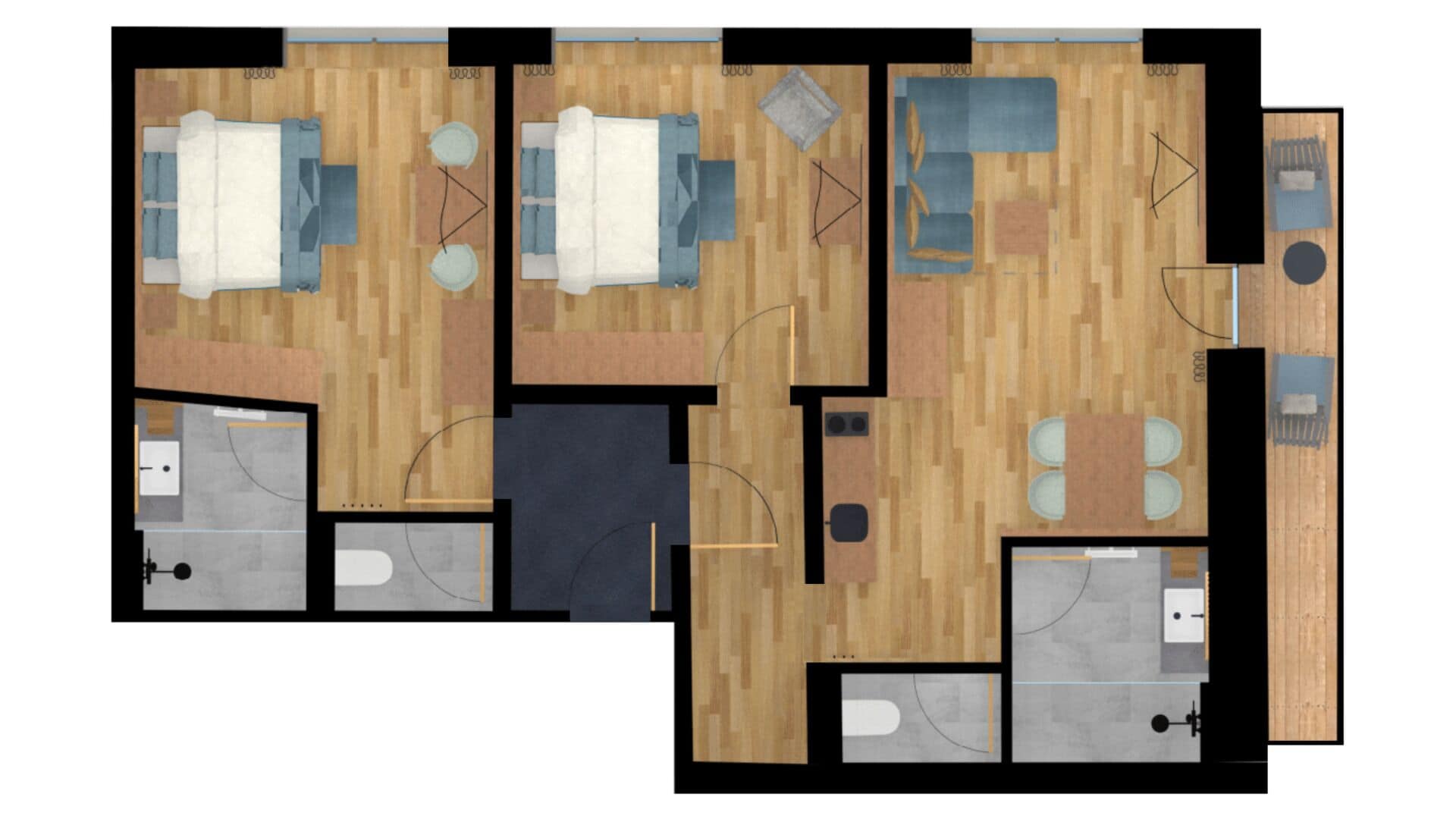 Planta baixa de um hotel, com vários quartos, sala de jantar, cozinha e banheiro.