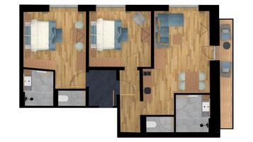 Planta baixa de um hotel, com vários quartos, sala de jantar, cozinha e banheiro.