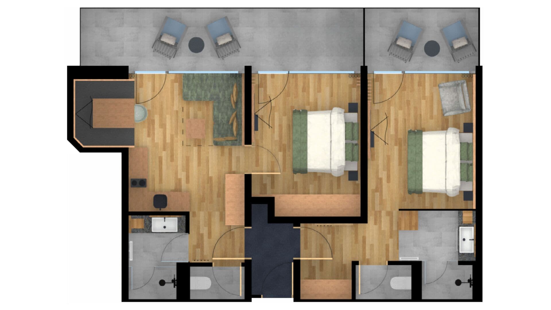 A hotel layout with two bedrooms, a living area, a kitchen, and a bathroom.