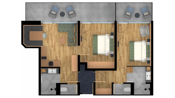 A hotel layout with two bedrooms, a living area, a kitchen, and a bathroom. - PACHMAIR 1453 apart resort (Uderns)
