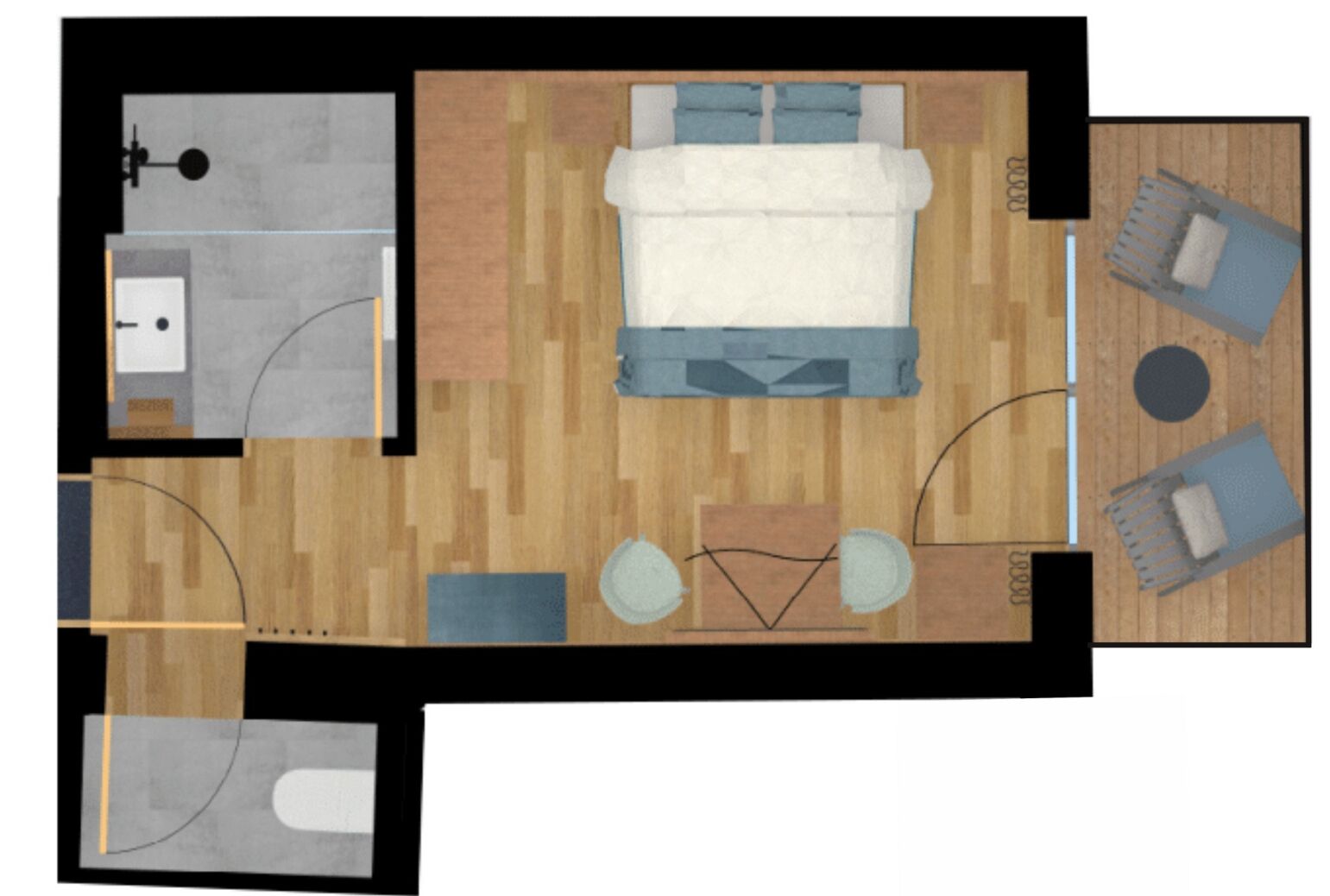 Distribución de una habitación de hotel con una cama, dos zonas de estar, una mesita, un lavamanos y un inodoro.