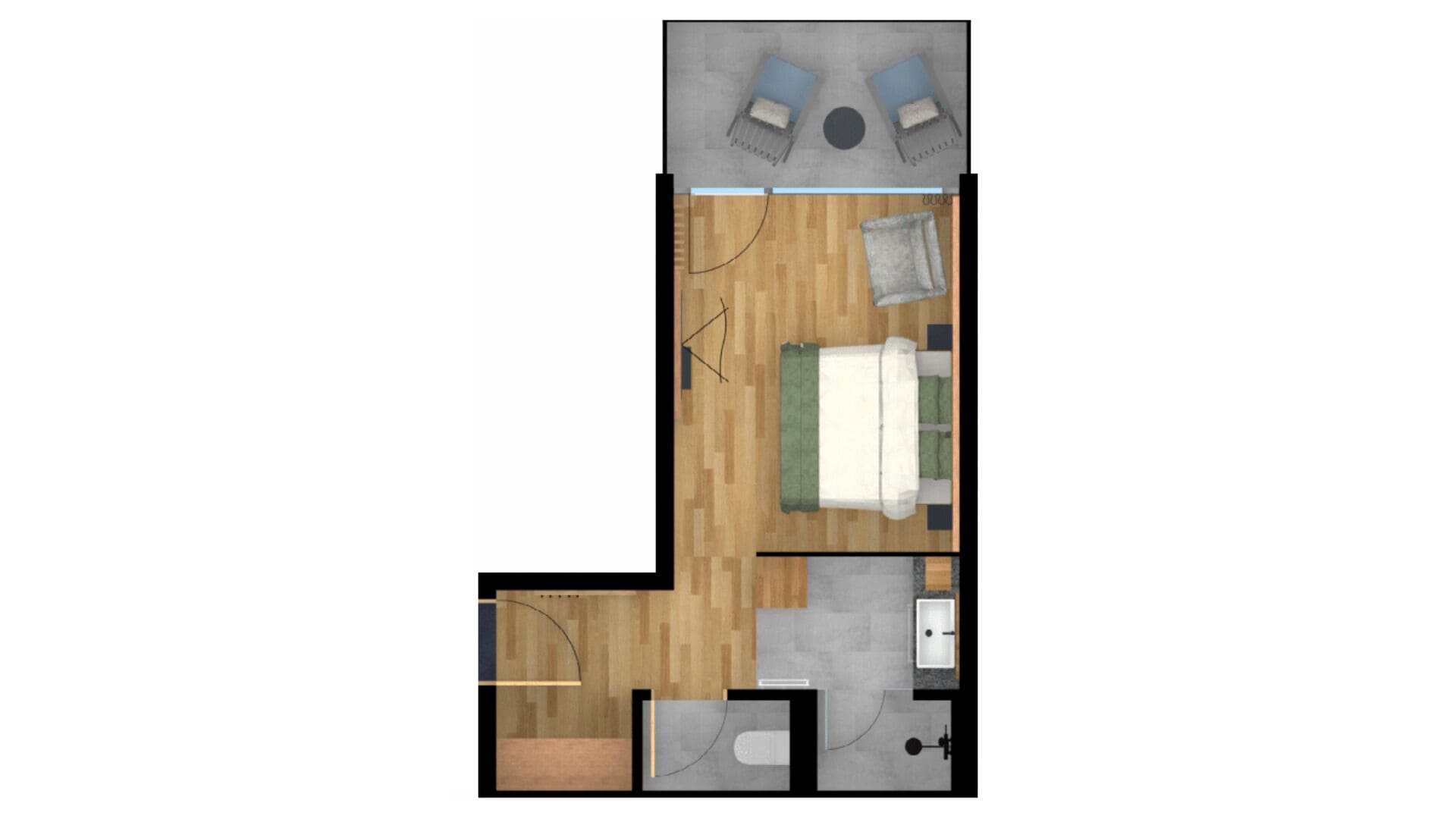 A hotel room layout with a bed, a small bathroom, a sitting area with a chair and a table, and a kitchenette.