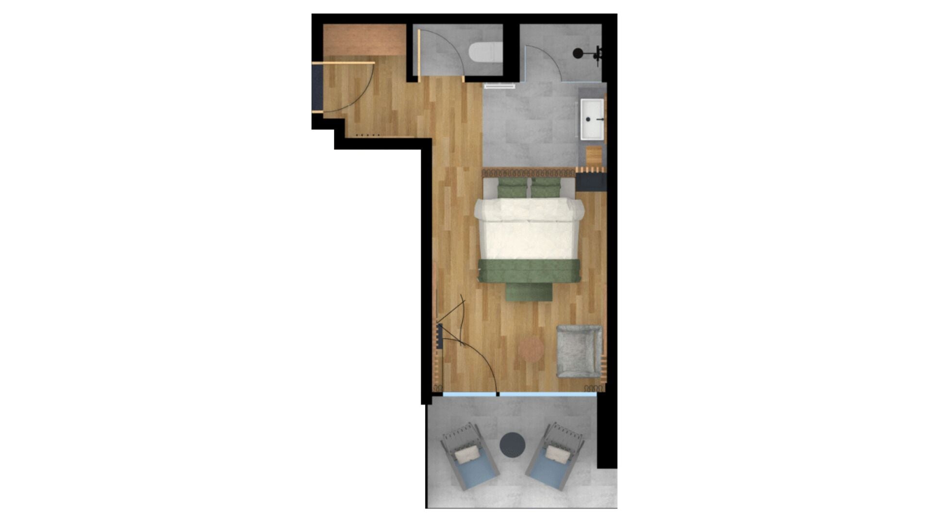 Ein Blick von oben auf einen Raum mit einem Bett, einem kleinen Tisch, einem Sessel, einer Couch und einem Fenster.