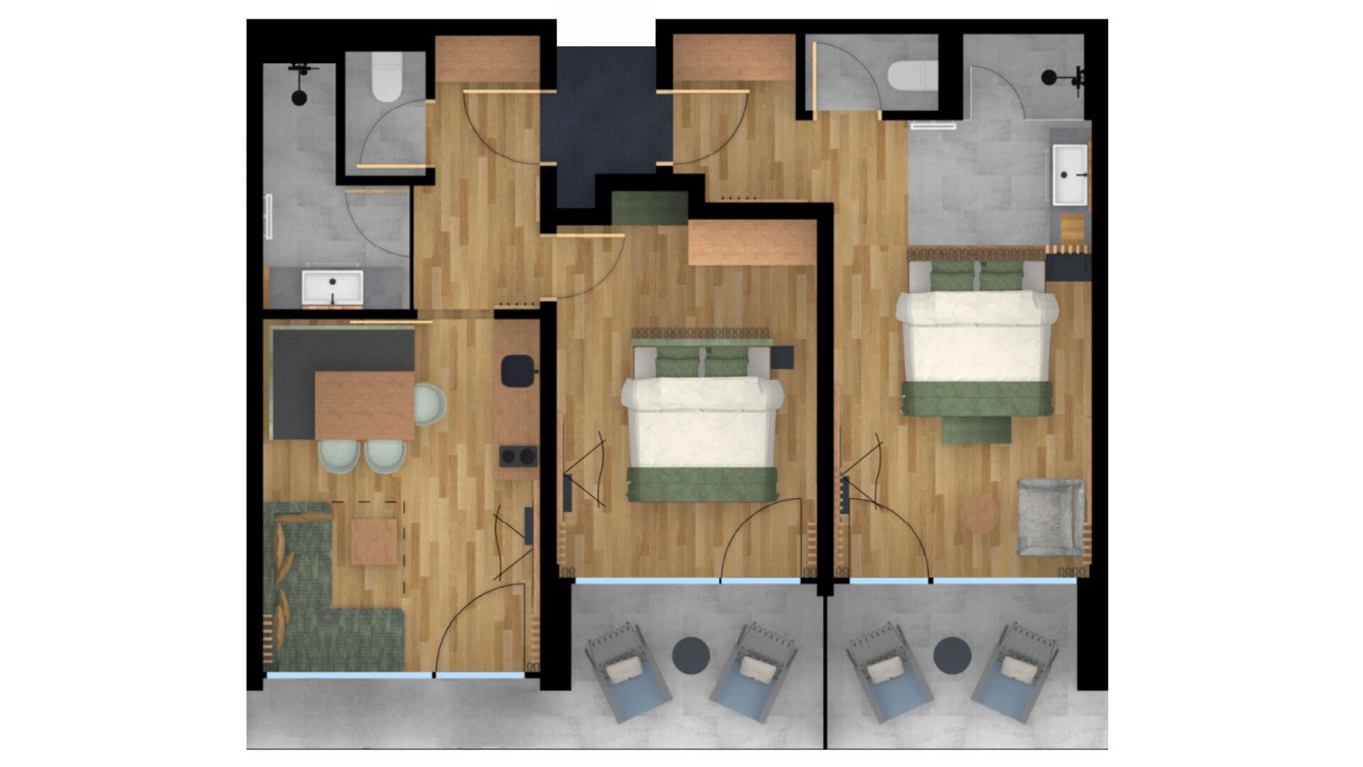 En planritning över ett hotellrum med en säng, ett skrivbord, en stol, ett litet bord och ett badrum.