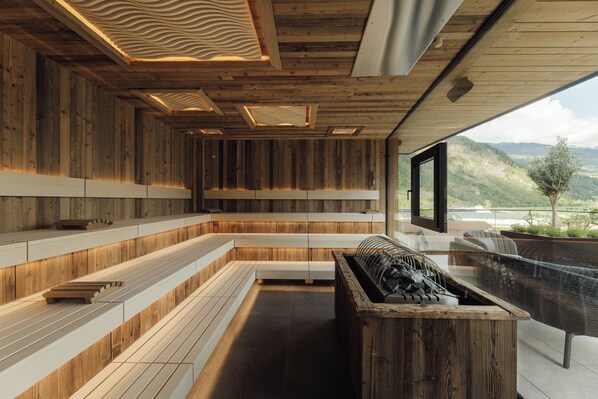 A modern spa with wooden paneling, tiered seating, and a view of mountains. - PACHMAIR 1453 apart resort (Uderns)